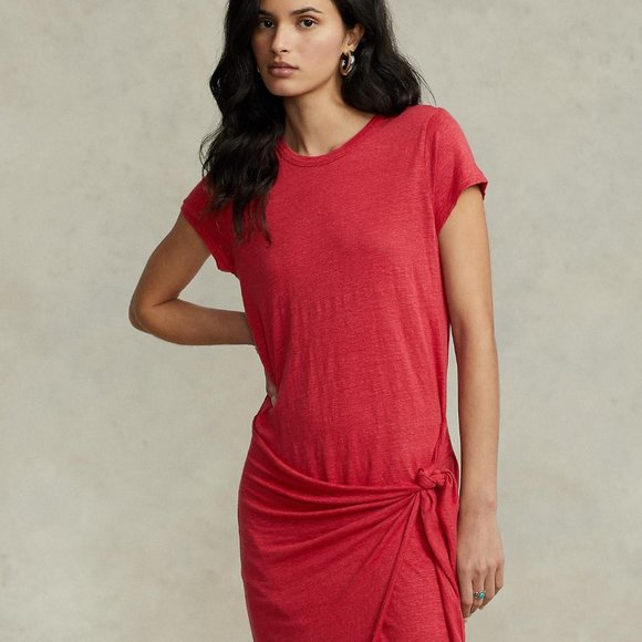 POLO Ralph Lauren Maxi T-shirt DRESS Size S Red LINEN Knot Detail Gathered NEW - Picture 3 of 8